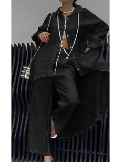 Doris – Linen-Look Long Shirt and Wide-Leg Pants Set