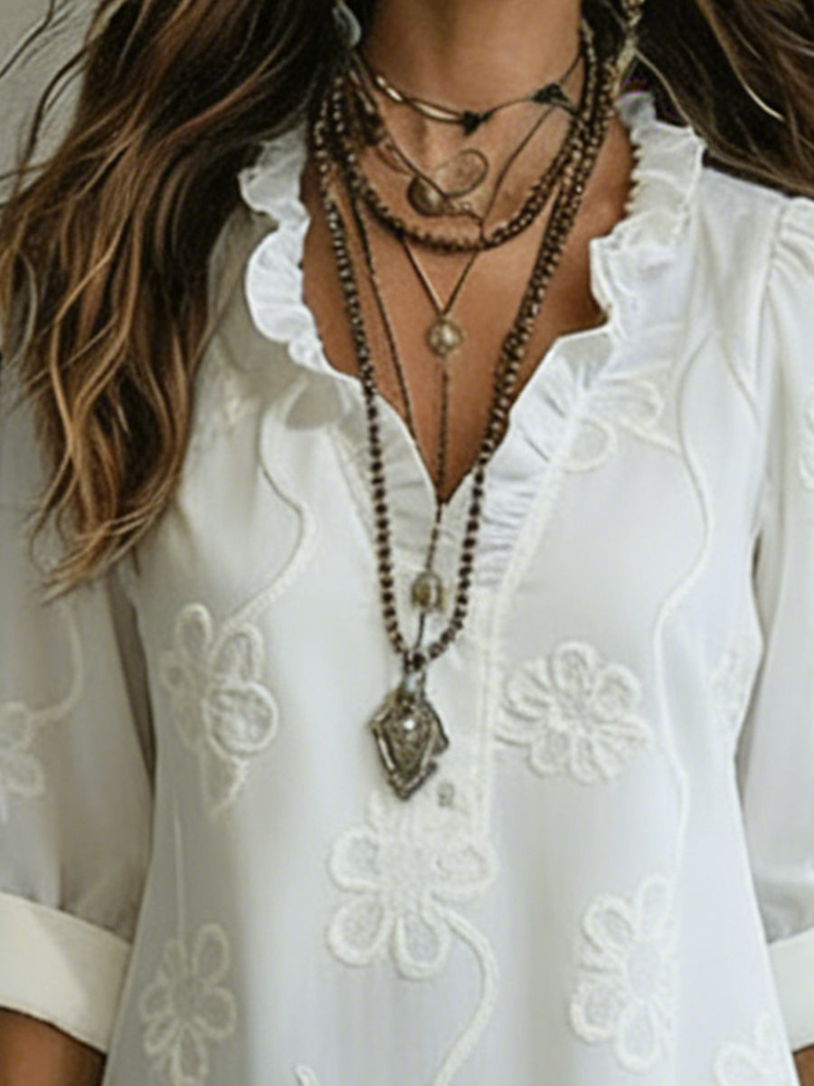 Rosemary – Embroidered Ruffle Neck Maxi Dress
