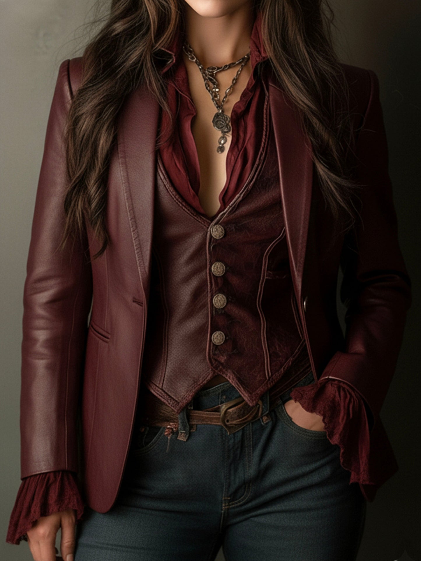 Pamela – Faux Leather Blazer with Ruffle Detail