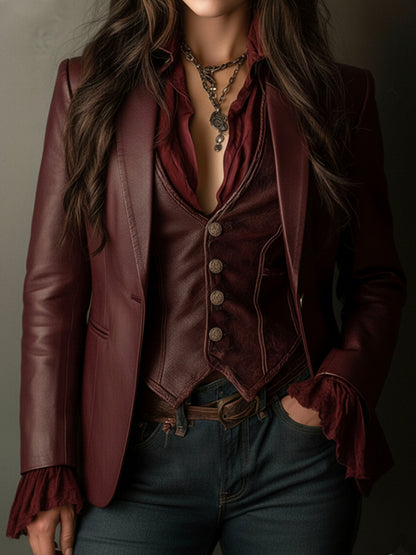 Pamela – Faux Leather Blazer with Ruffle Detail