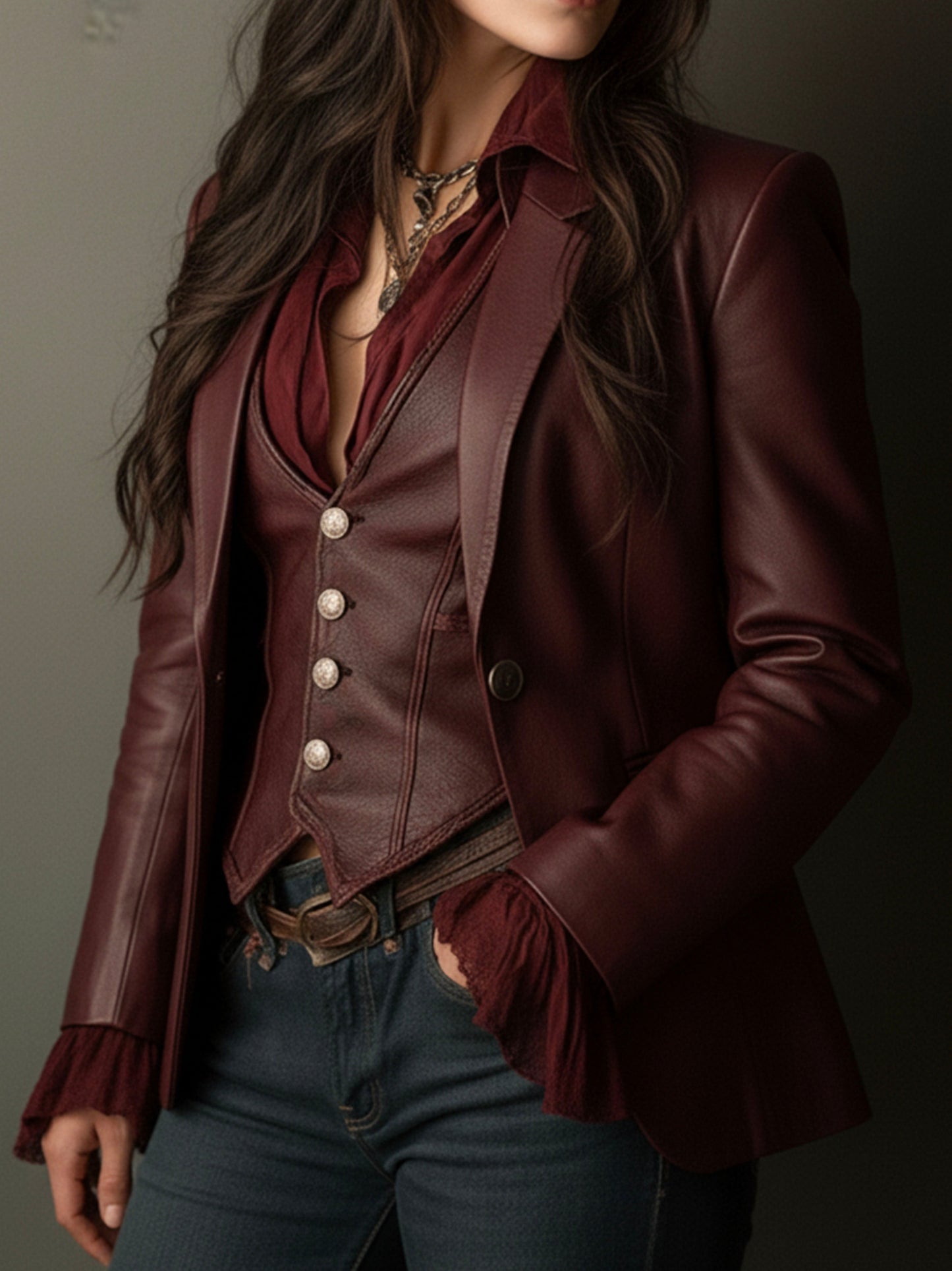 Pamela – Faux Leather Blazer with Ruffle Detail