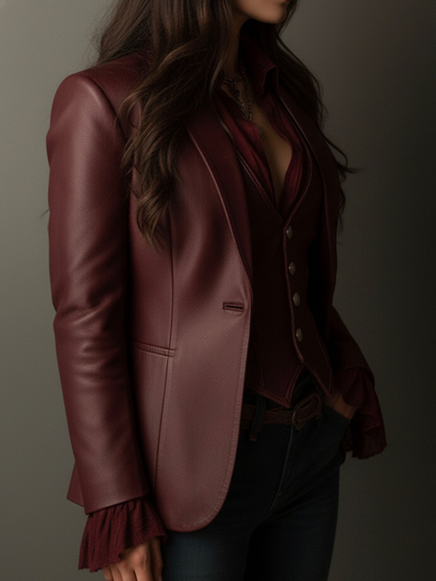 Pamela – Faux Leather Blazer with Ruffle Detail