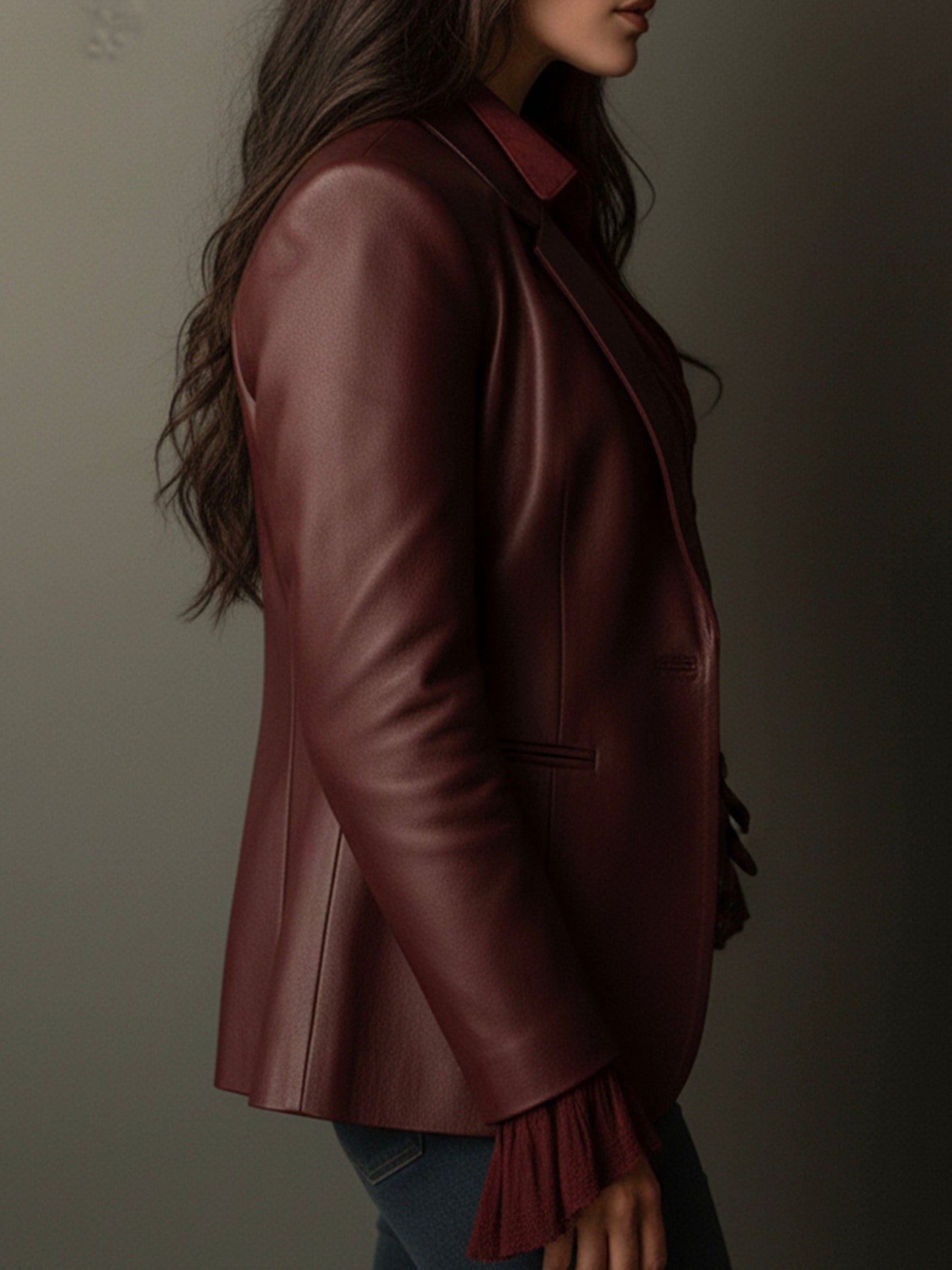 Pamela – Faux Leather Blazer with Ruffle Detail
