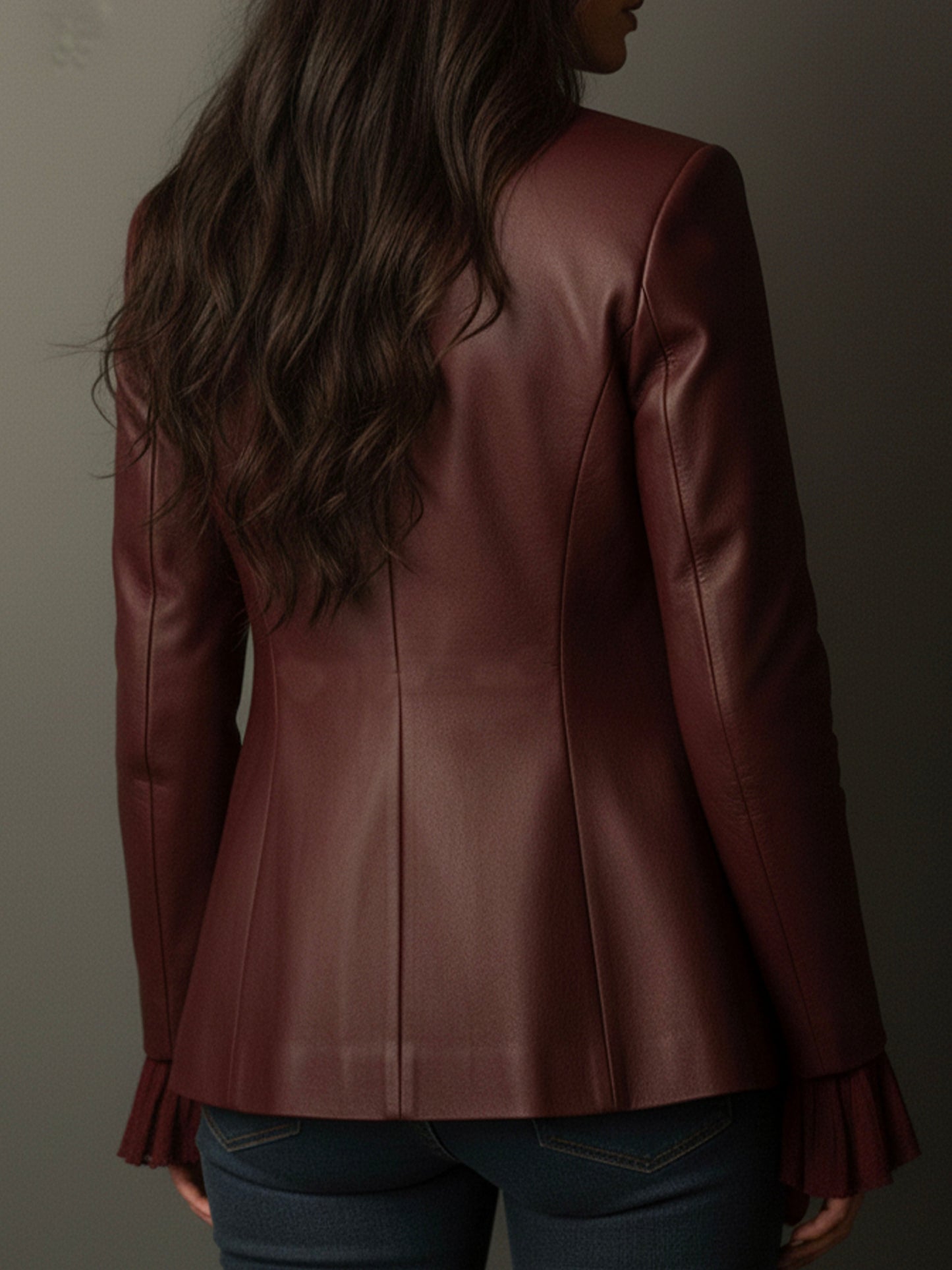 Pamela – Faux Leather Blazer with Ruffle Detail