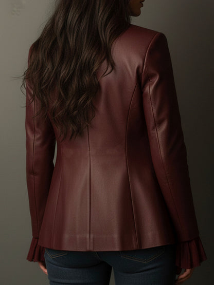 Pamela – Faux Leather Blazer with Ruffle Detail