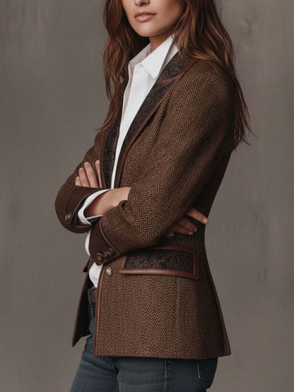 Leona – Herringbone Blazer with Printed Panels