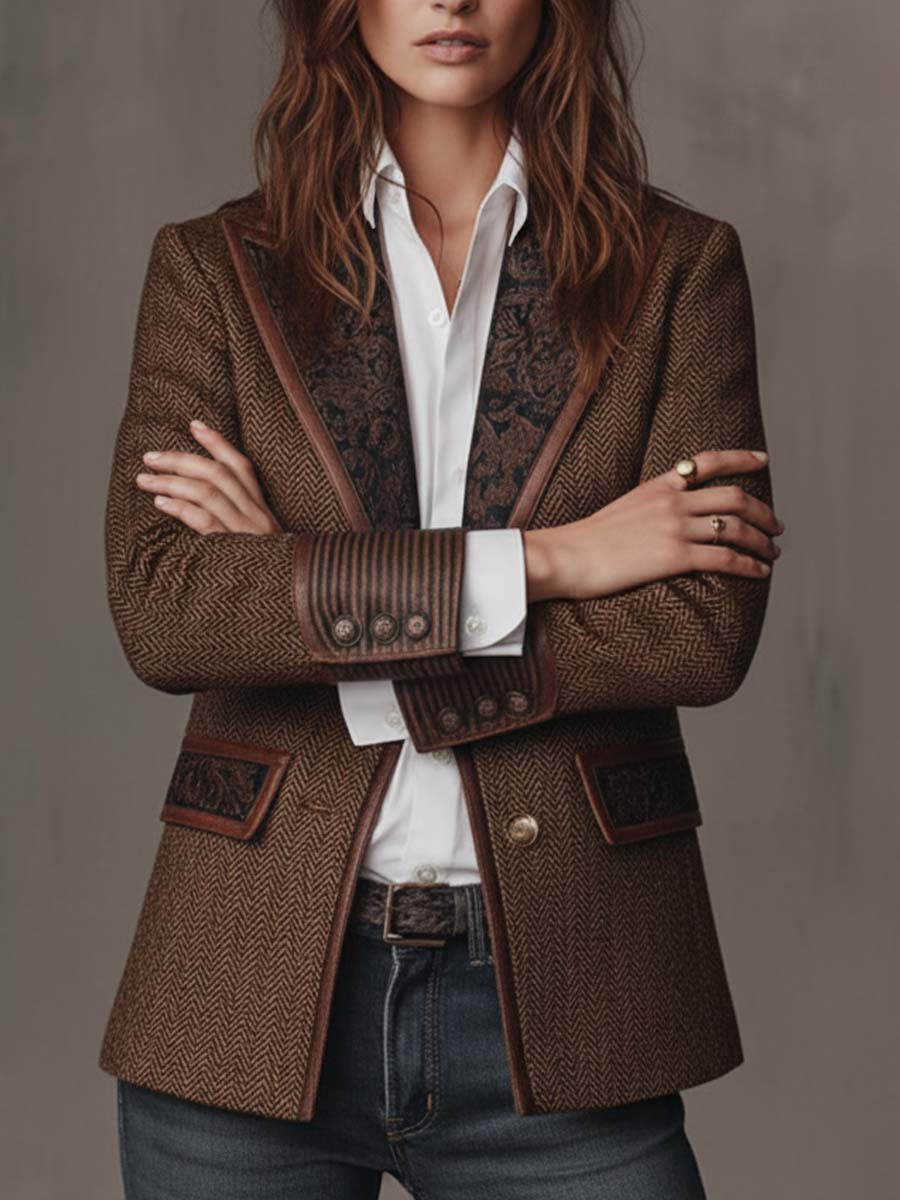 Leona – Herringbone Blazer with Printed Panels
