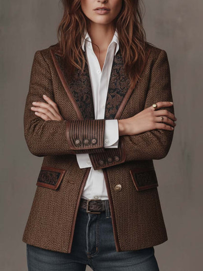 Leona – Herringbone Blazer with Printed Panels