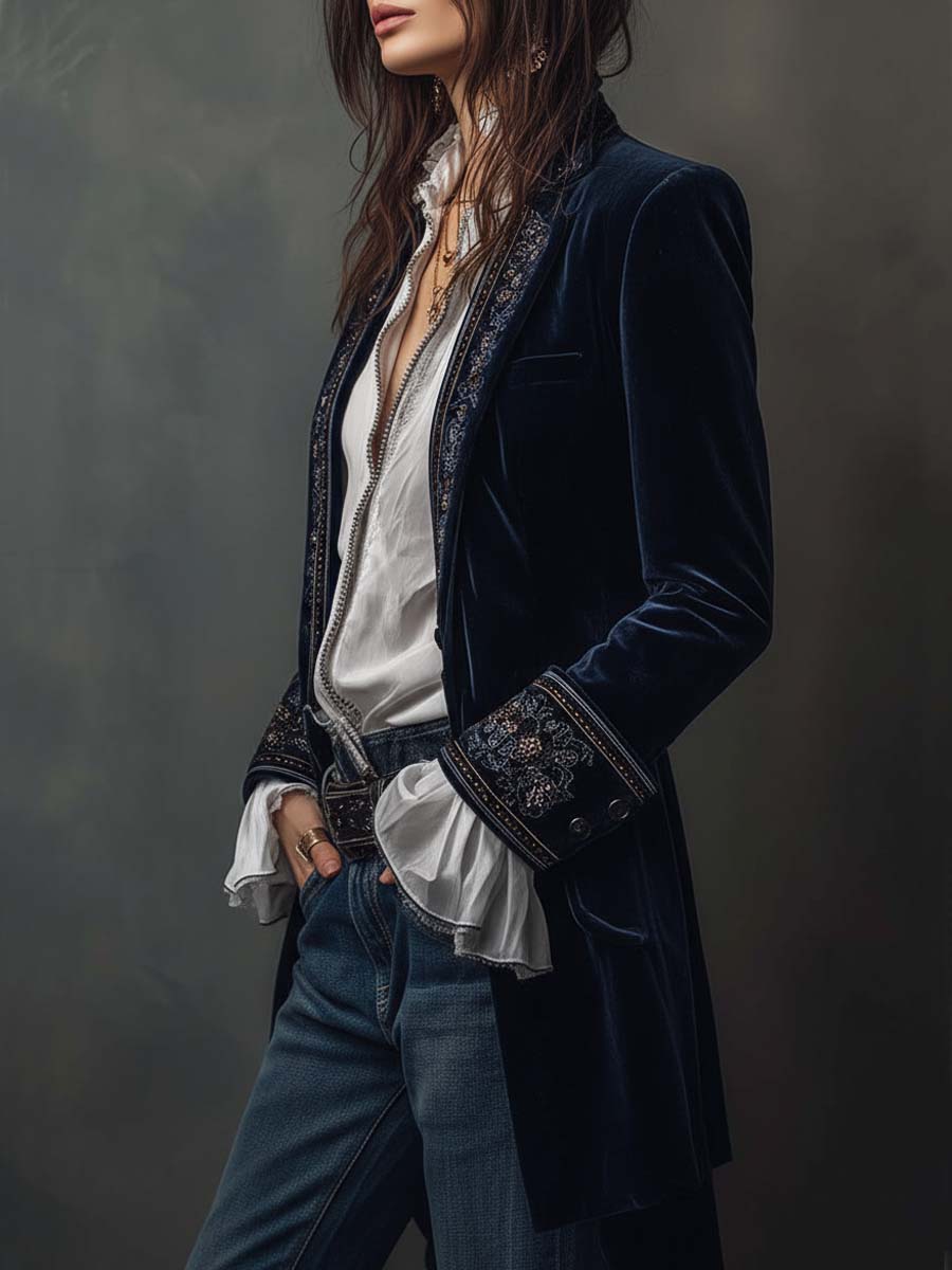 Rosemary – Embroidered Velvet-Look Long Jacket