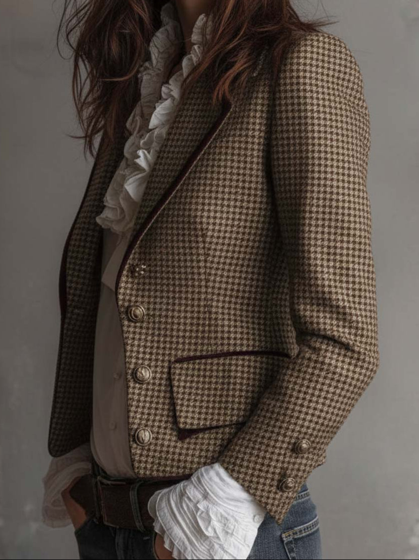 Angelique – Houndstooth Tailored Blazer with Velvet Trim