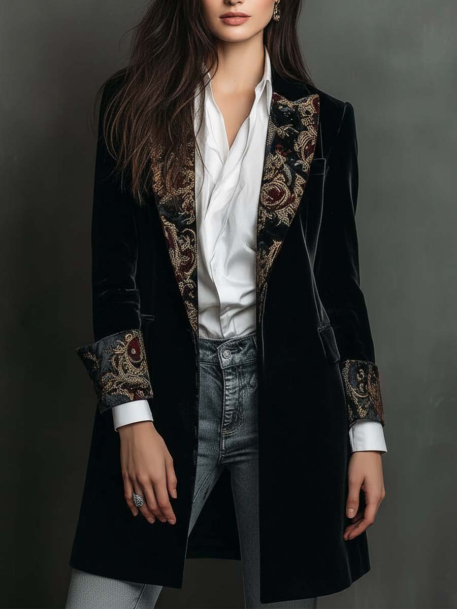 Roberta – Velvet Longline Blazer with Baroque Lapels
