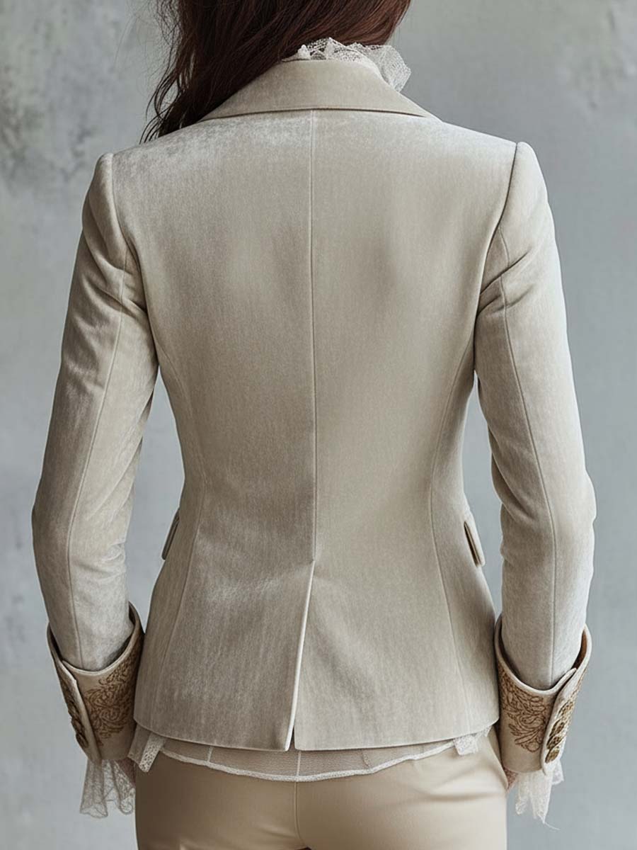 Camille – Embroidered Velvet-Look Blazer with Lace Cuffs