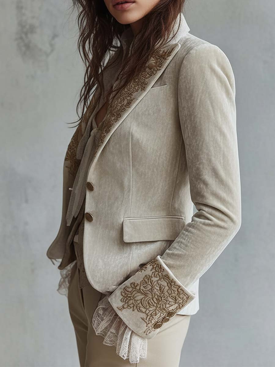 Camille – Embroidered Velvet-Look Blazer with Lace Cuffs