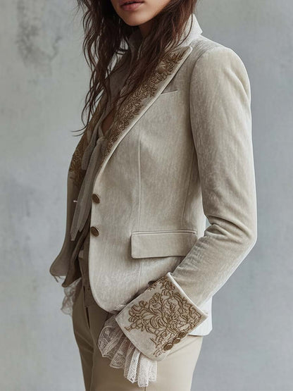 Camille – Embroidered Velvet-Look Blazer with Lace Cuffs