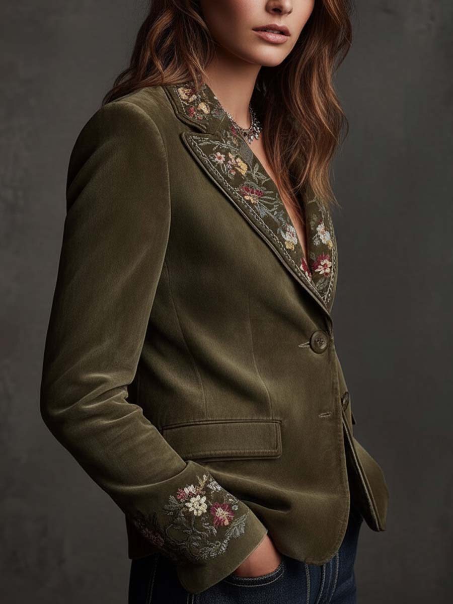 Aubrey – Floral Embroidered Velvet-Look Blazer