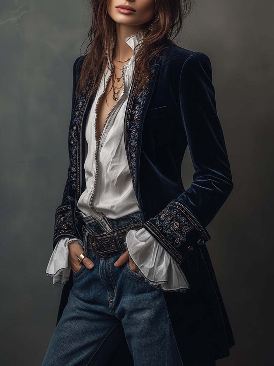 Rosemary – Embroidered Velvet-Look Long Jacket