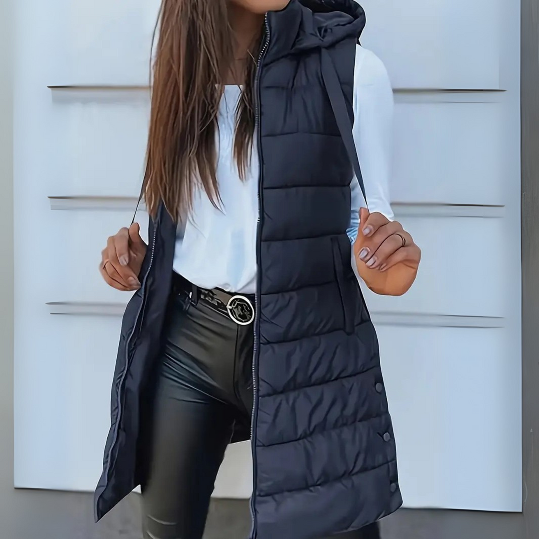 Winifred – Long Hooded Sleeveless Puffer Vest