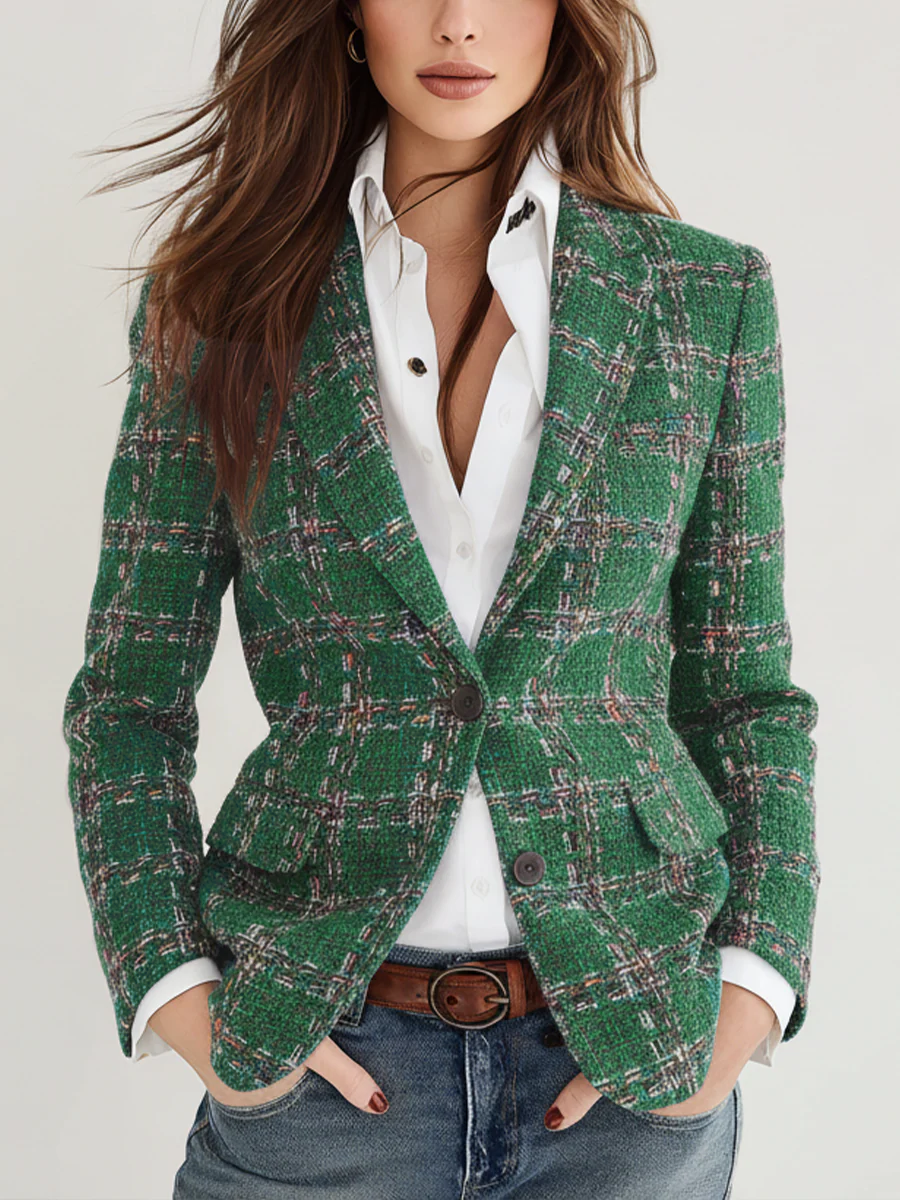 Jenna – Plaid Tweed Tailored Blazer