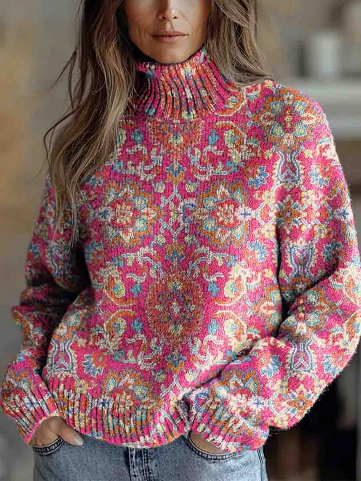 Celeste – Boho Floral Turtleneck Sweater