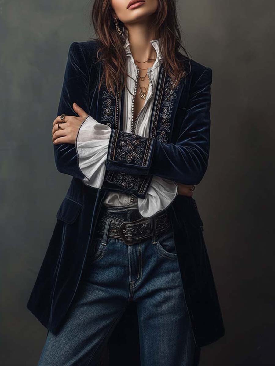 Rosemary – Embroidered Velvet-Look Long Jacket