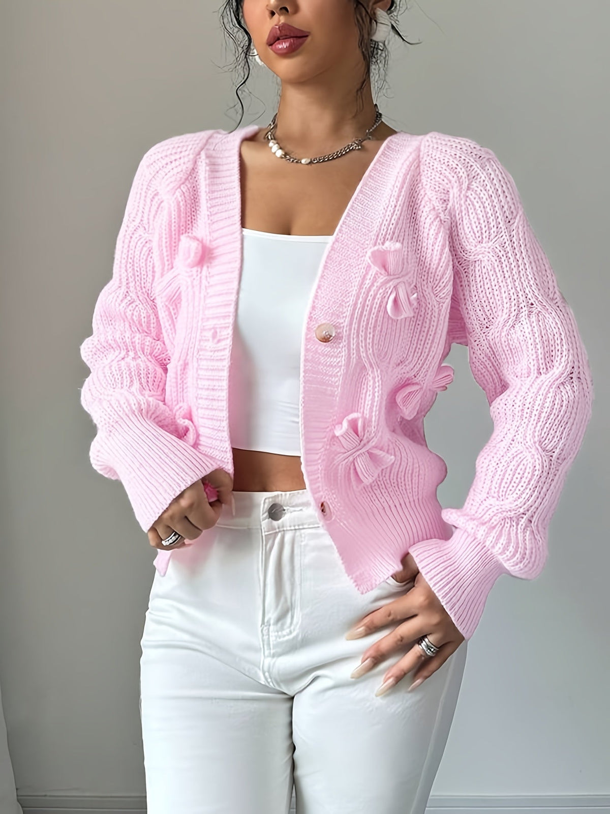 Elaine – Bow-Detail Cable-Knit Cardigan