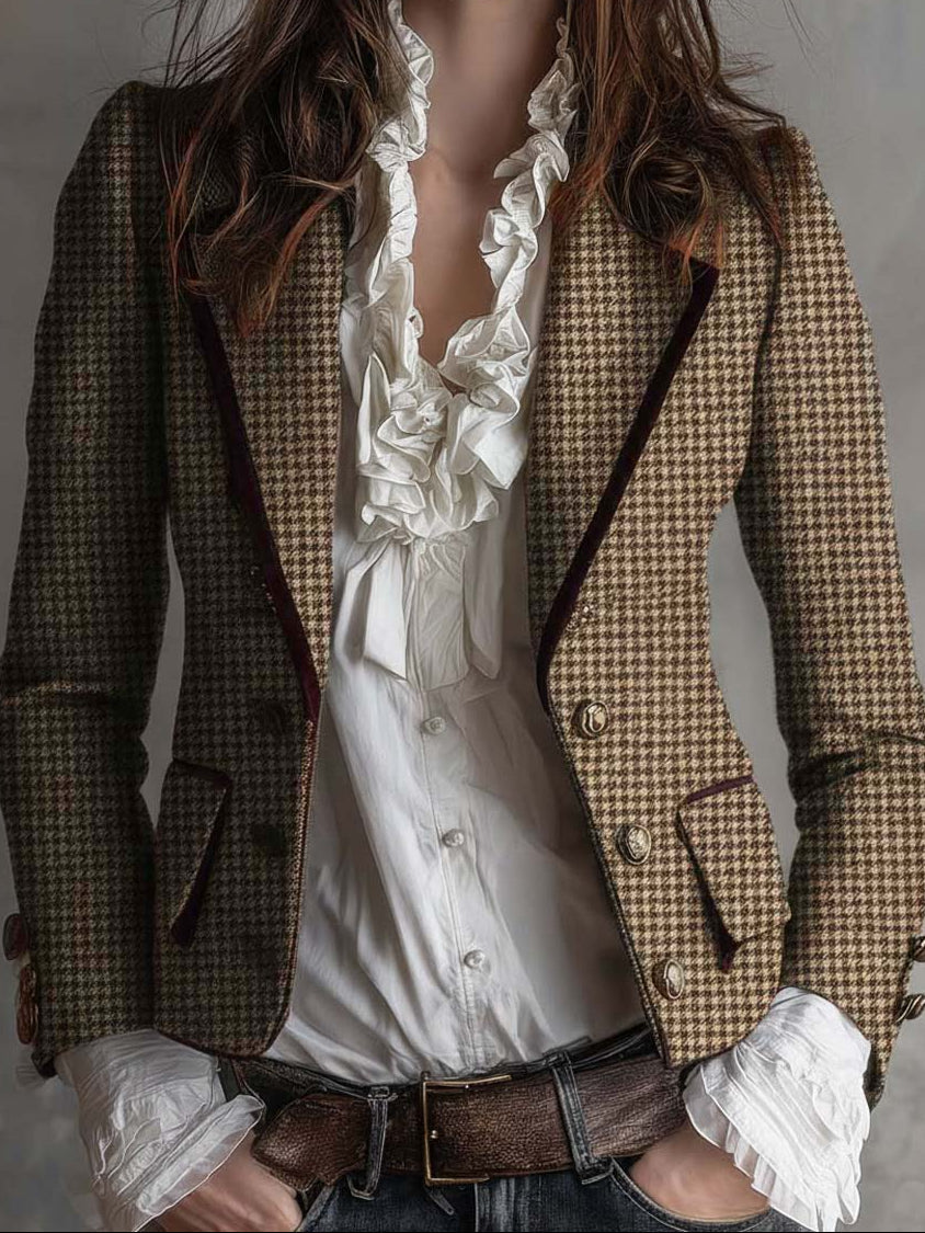 Angelique – Houndstooth Tailored Blazer with Velvet Trim