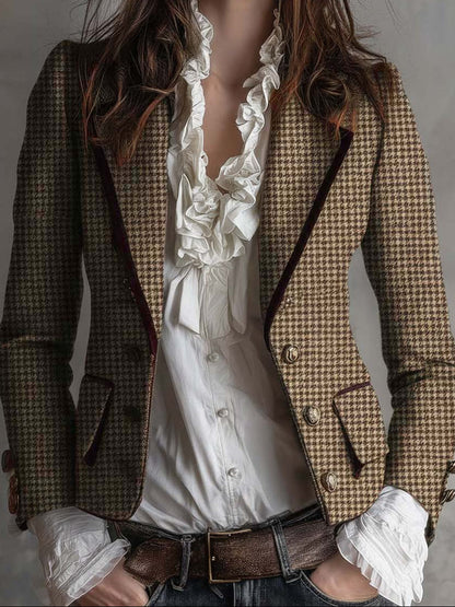 Angelique – Houndstooth Tailored Blazer with Velvet Trim