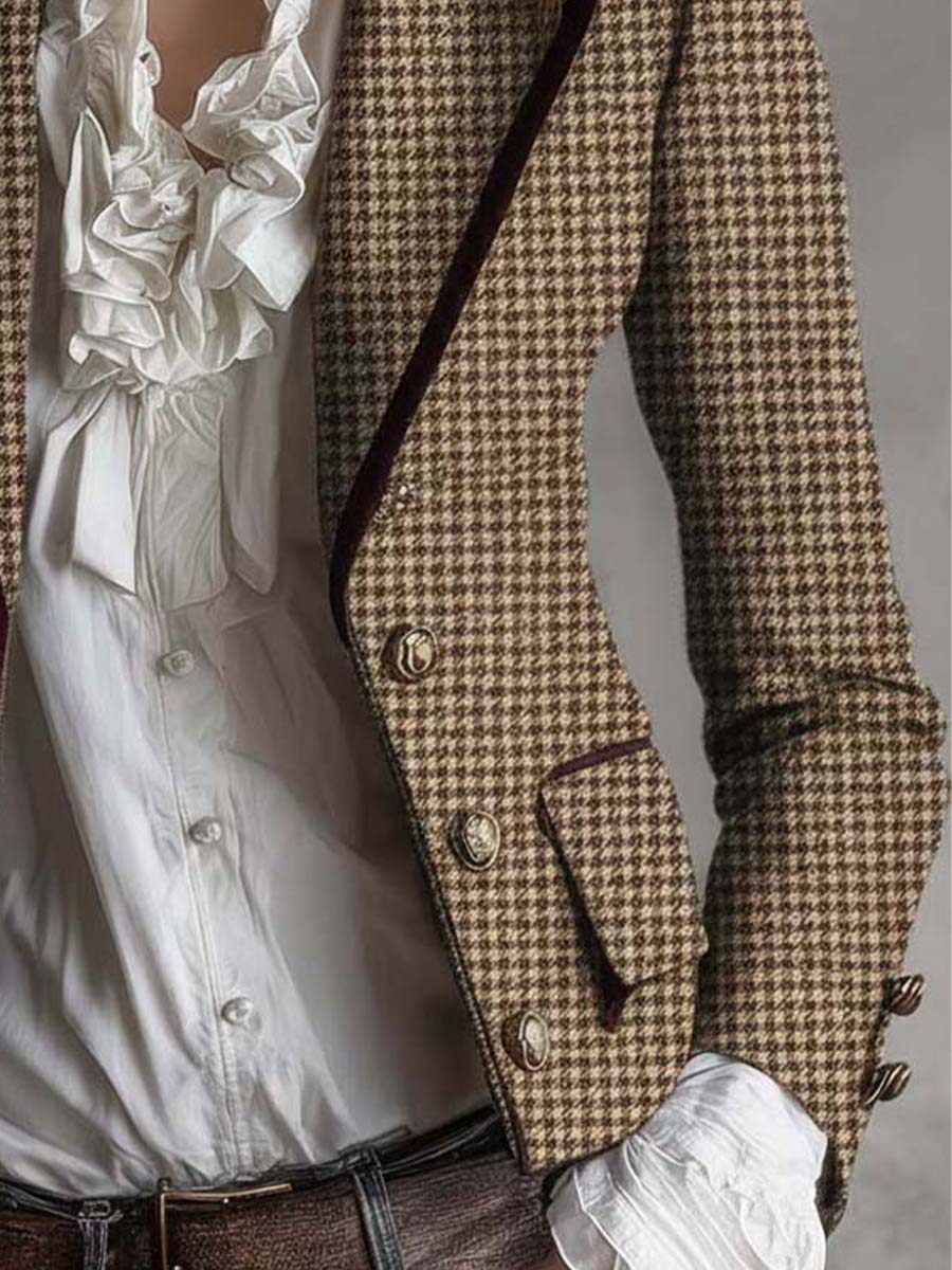 Angelique – Houndstooth Tailored Blazer with Velvet Trim