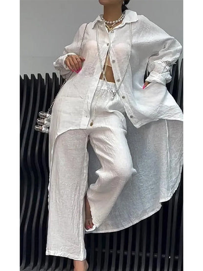 Doris – Linen-Look Long Shirt and Wide-Leg Pants Set