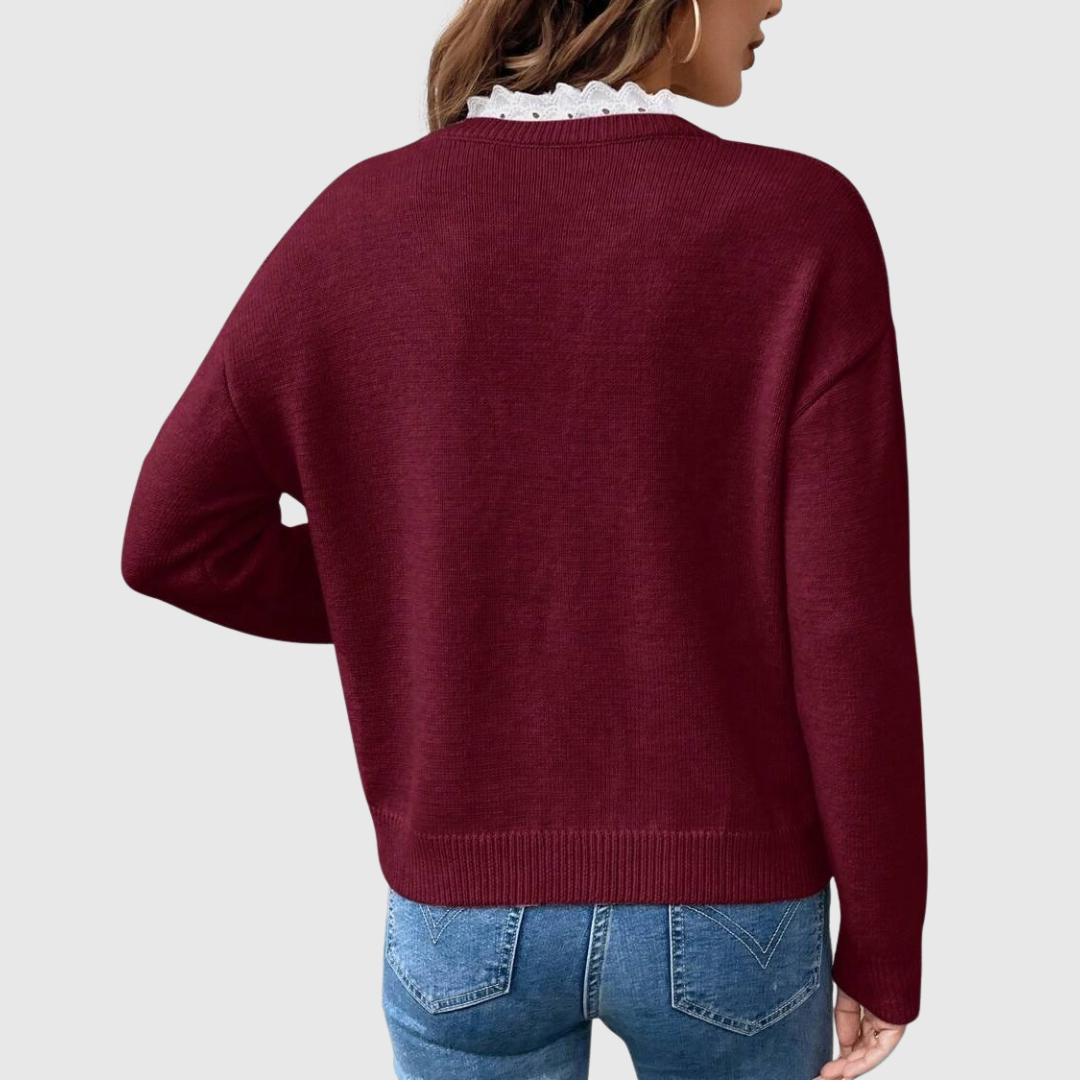 Lori – Lace-Trim V-Neck Knit Sweater