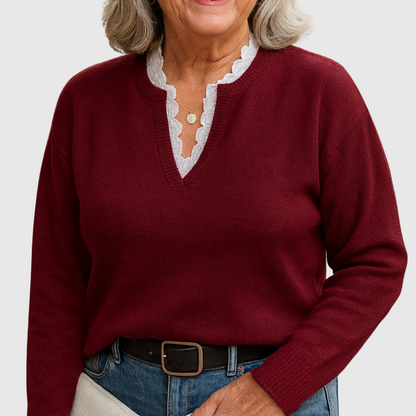 Lori – Lace-Trim V-Neck Knit Sweater
