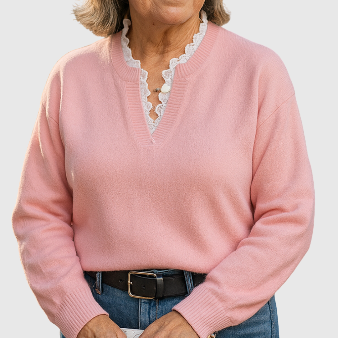 Lori – Lace-Trim V-Neck Knit Sweater