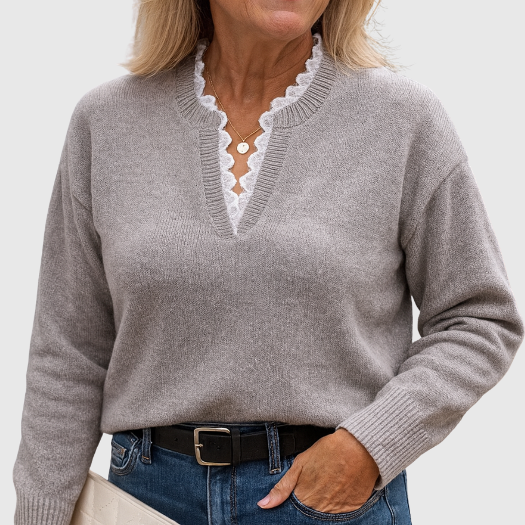 Lori – Lace-Trim V-Neck Knit Sweater
