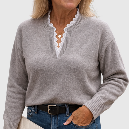 Lori – Lace-Trim V-Neck Knit Sweater