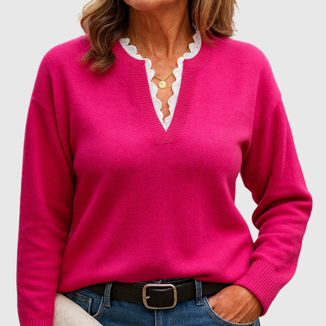 Lori – Lace-Trim V-Neck Knit Sweater