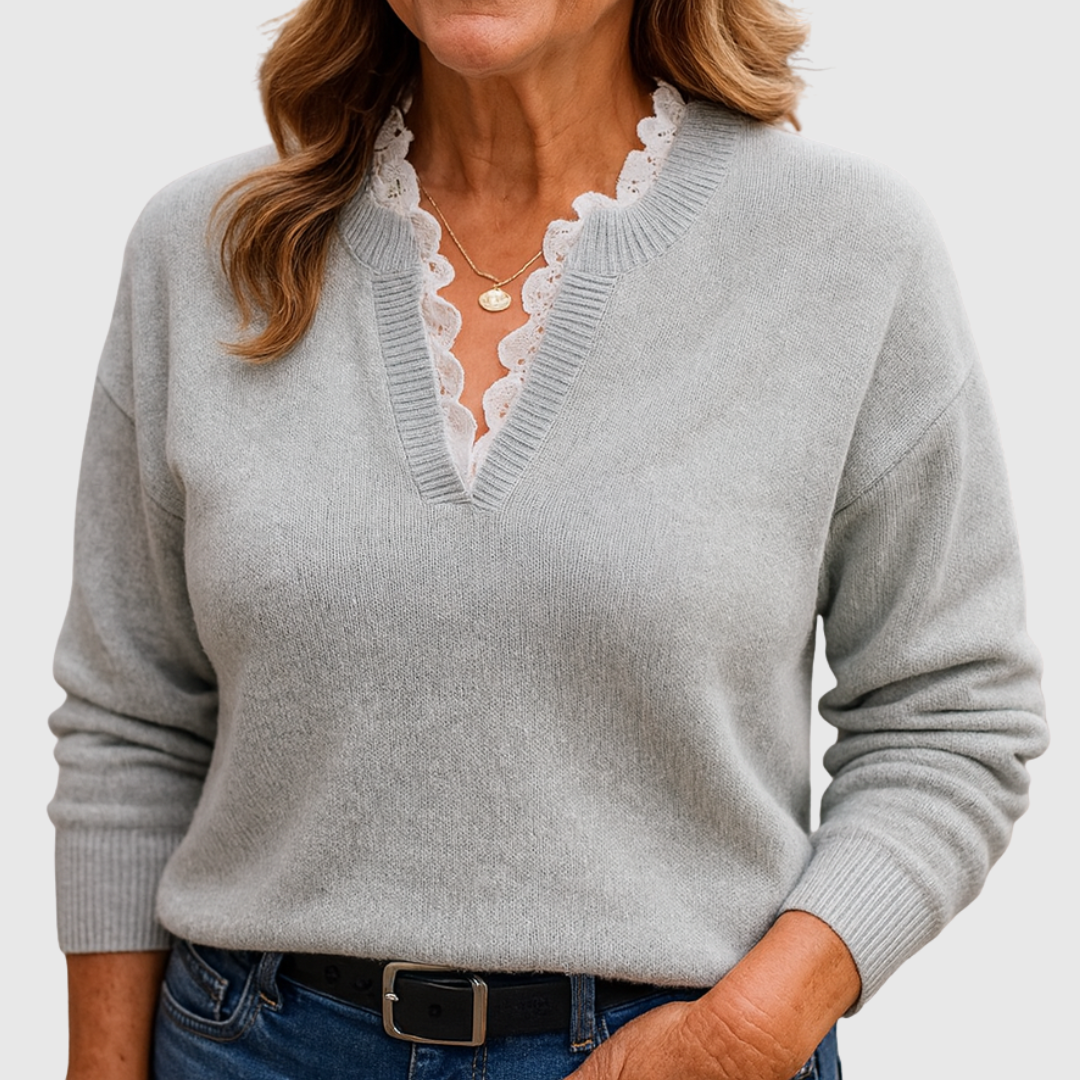 Lori – Lace-Trim V-Neck Knit Sweater