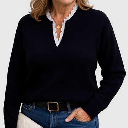 Lori – Lace-Trim V-Neck Knit Sweater