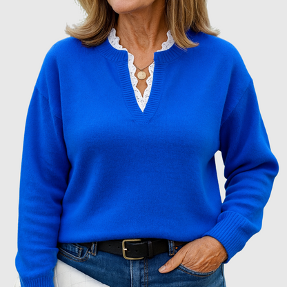 Lori – Lace-Trim V-Neck Knit Sweater