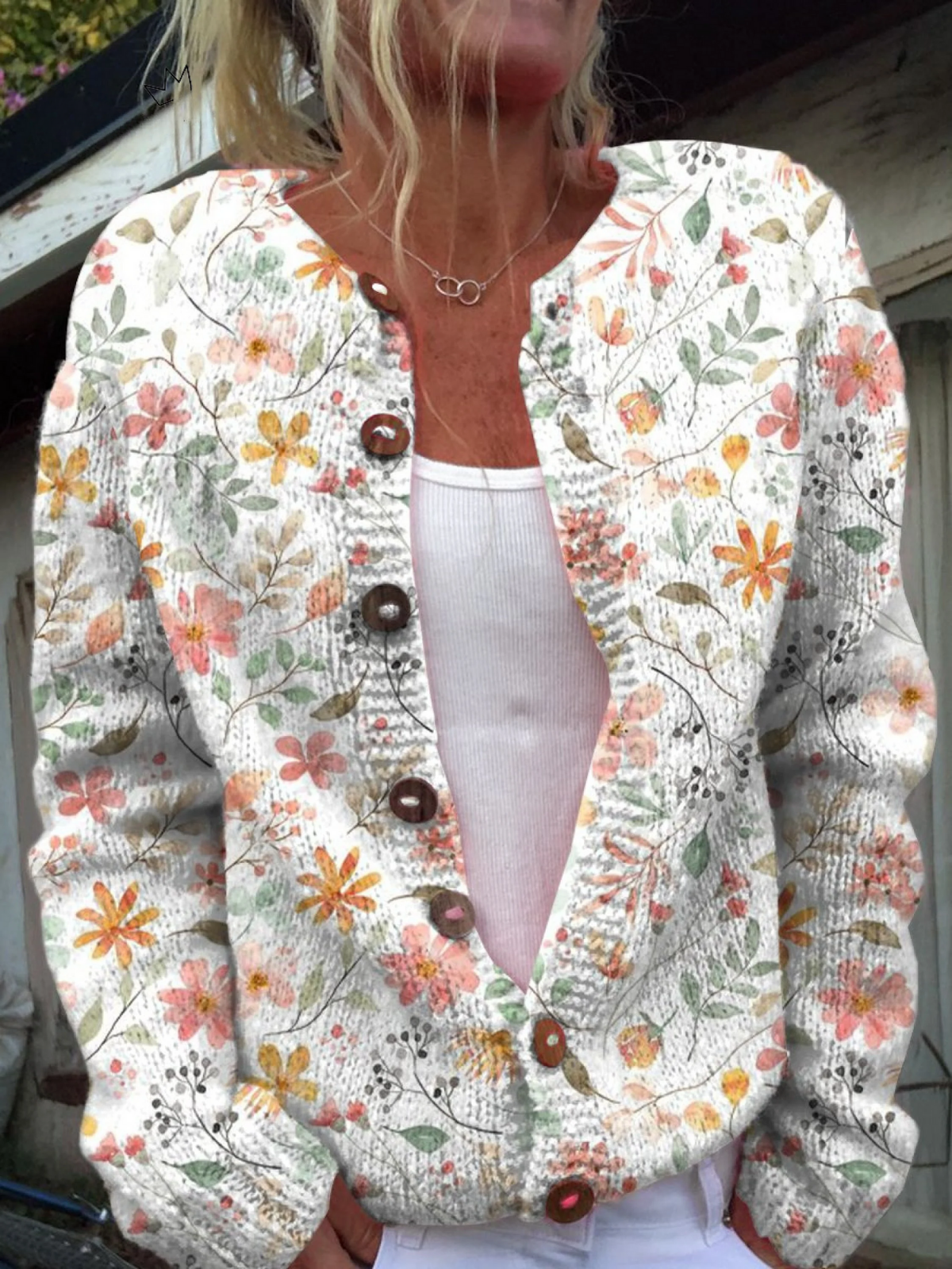 Charlene – Floral Knit Button-Front Cardigan