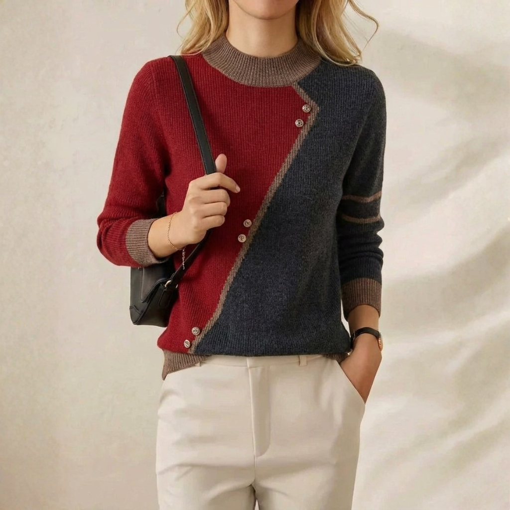 Sherry – Color Block Knit Sweater with Button Detail