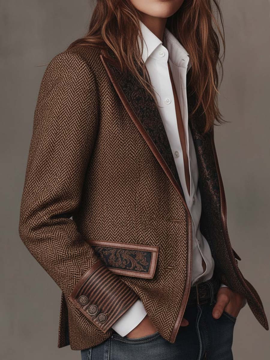 Leona – Herringbone Blazer with Printed Panels