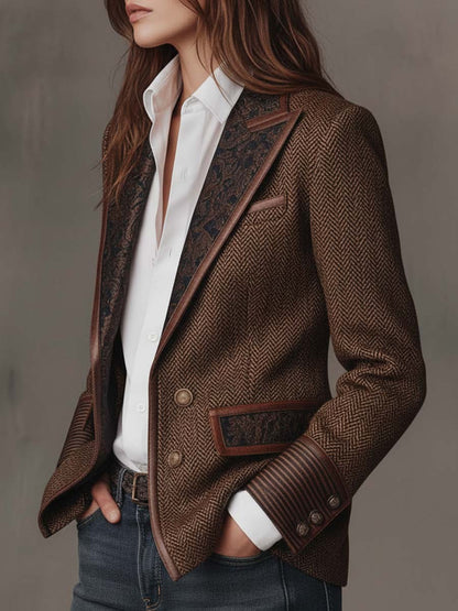 Leona – Herringbone Blazer with Printed Panels