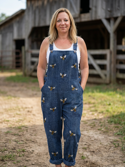 Lilian | Bee-Print Denim Overalls