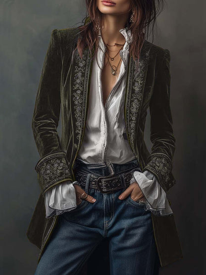 Rosemary – Embroidered Velvet-Look Long Jacket