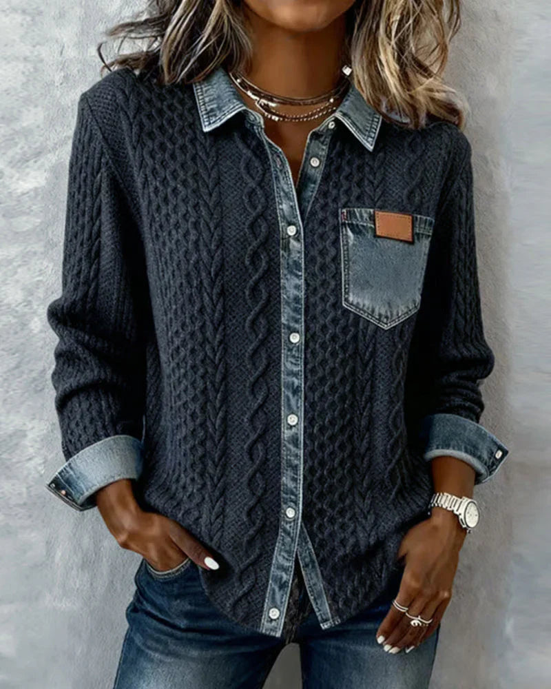 Dorene – Cable Knit Denim Patchwork Shirt