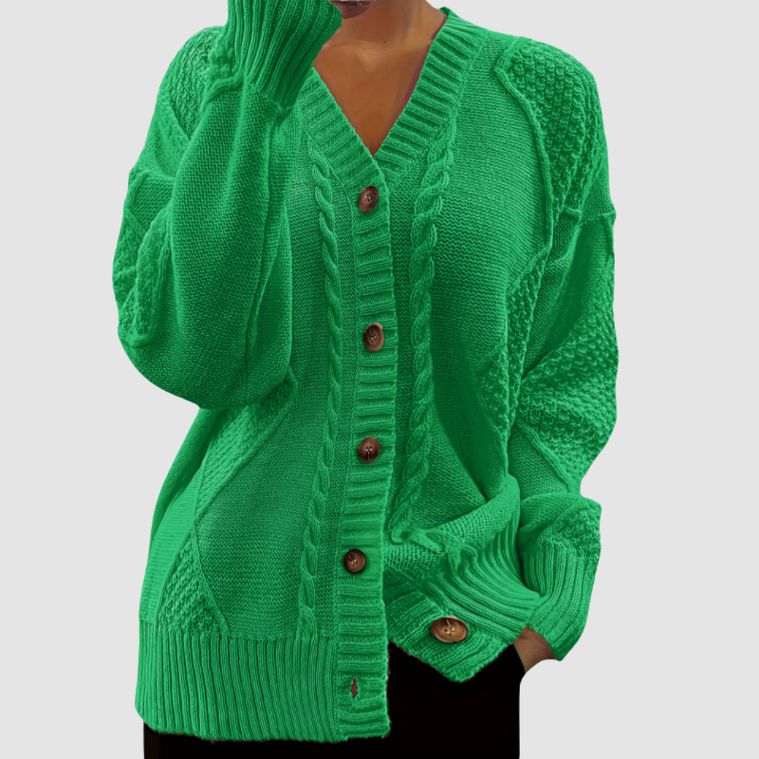 Rena – Cable-Knit Button-Front Cardigan