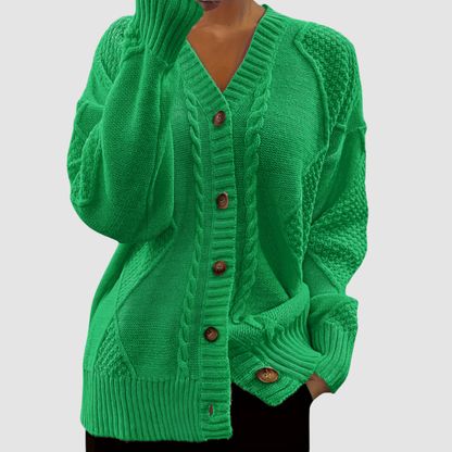Rena – Cable-Knit Button-Front Cardigan