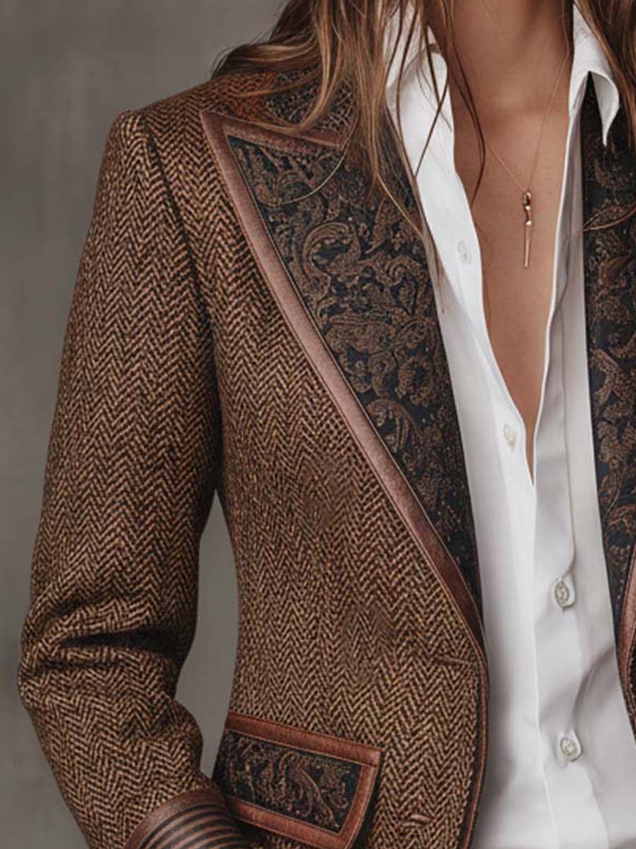 Leona – Herringbone Blazer with Printed Panels