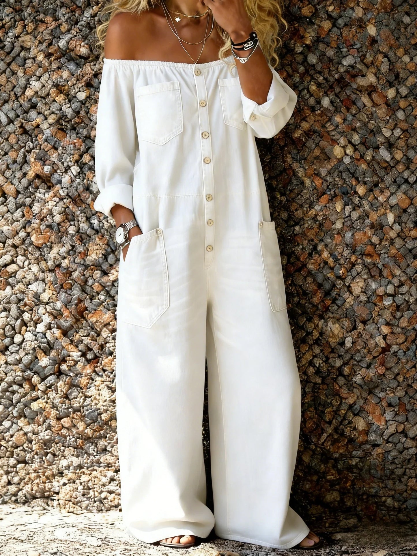 Renata – Off-Shoulder Denim-Look Wide Leg Jumpsuit