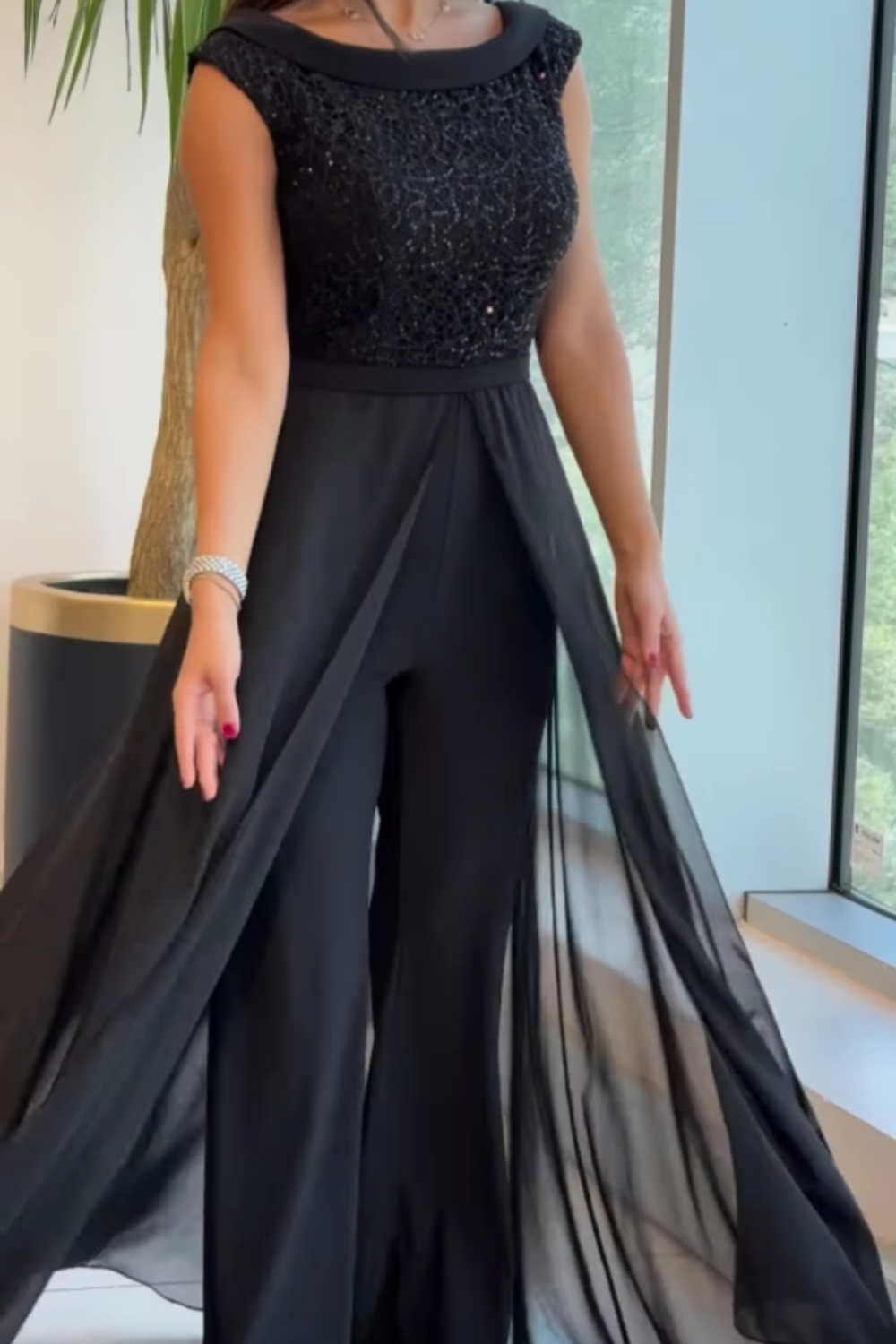 Kristen – Sequin Bodice Jumpsuit with Chiffon Overlay